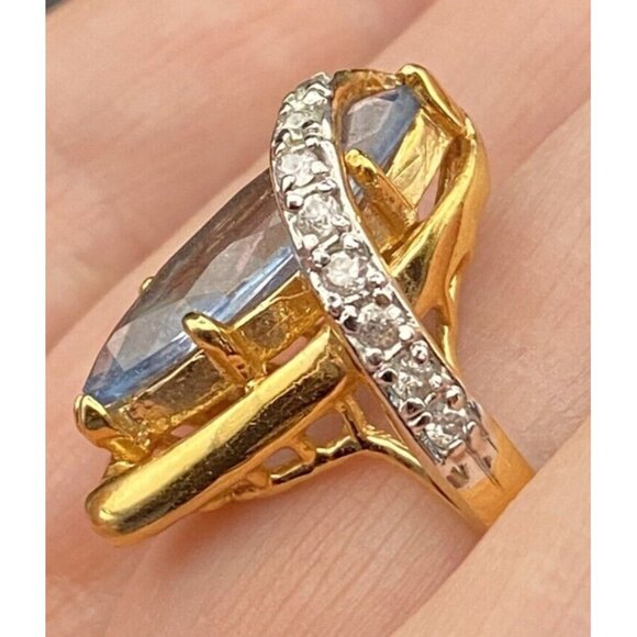 Signed Cocktail Ring EBCO Marquise 3+ Ct Blue Topaz & CZ 18K HGE Gold Size 8.25 - Picture 6 of 16